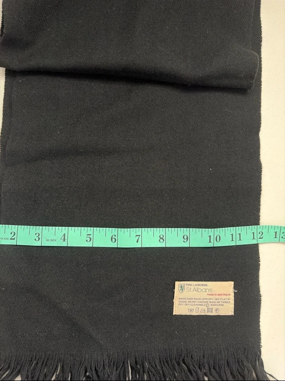 St Albans Pure Lambswool Scarf Black Fringe Made in Australia Soft Wool 12x72